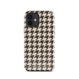 A Timeless Houndstooth for iPhone with a dual-camera system is encased in an impact-resistant polycarbonate, houndstooth-patterned case. The black and beige design features the brand name "Statement Cases" printed at the bottom, ensuring both style and dual-layer protection for your device.