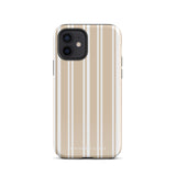 A beige and white striped, impact-resistant phone case for a smartphone. The Estate Stripe for iPhone features vertical stripes and dual-layer protection, designed to fit a phone with multiple camera lenses. The brand name "Statement Cases" is subtly printed at the bottom.