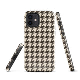 A Timeless Houndstooth for iPhone with a dual-camera system is encased in an impact-resistant polycarbonate, houndstooth-patterned case. The black and beige design features the brand name "Statement Cases" printed at the bottom, ensuring both style and dual-layer protection for your device.