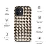 A Timeless Houndstooth for iPhone with a dual-camera system is encased in an impact-resistant polycarbonate, houndstooth-patterned case. The black and beige design features the brand name "Statement Cases" printed at the bottom, ensuring both style and dual-layer protection for your device.