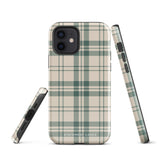 A smartphone with a beige and green plaid-patterned, impact-resistant polycarbonate case is shown. The phone’s rear camera lenses are prominently visible at the top left. The durable phone case features the words “Statement Cases” printed in small text at the bottom center. This is the Elegant Plaid for iPhone.