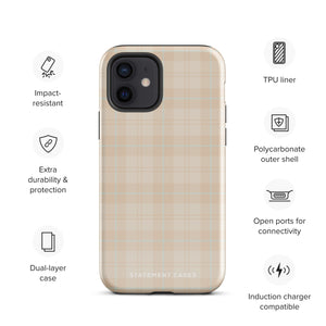 A smartphone with a plaid design case is displayed. The durable phone case features a beige and light brown checked pattern. The phone's camera lenses are visible at the top left corner. With dual-layer protection, the bottom of the impact-resistant polycarbonate Sophisticated Plaid for iPhone case reads "Statement Cases" in white.