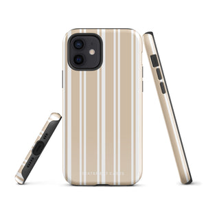 A beige and white striped, impact-resistant phone case for a smartphone. The Estate Stripe for iPhone features vertical stripes and dual-layer protection, designed to fit a phone with multiple camera lenses. The brand name "Statement Cases" is subtly printed at the bottom.