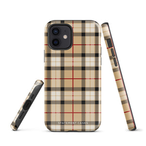 A Neutral Heritage Tartan for iPhone by Statement Cases with a plaid-patterned, impact-resistant polycarbonate case featuring beige, black, white, and red stripes. The durable phone case has the text "STATEMENT CASES" written at the bottom. The phone boasts a triple camera setup with an additional sensor and flash.