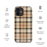 A Neutral Heritage Tartan for iPhone by Statement Cases with a plaid-patterned, impact-resistant polycarbonate case featuring beige, black, white, and red stripes. The durable phone case has the text "STATEMENT CASES" written at the bottom. The phone boasts a triple camera setup with an additional sensor and flash.