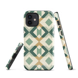 A Smartphone with a durable Old World Mosaic for iPhone case by Statement Cases showcasing a geometric pattern in shades of green, beige, and white. The symmetrical, angular designs create an almost star-like appearance. The impact-resistant polycarbonate construction ensures protection while the camera lenses remain visible at the top left corner.