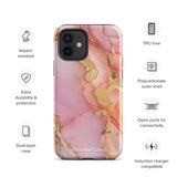 The Gold Blush Marble for iPhone showcases a glossy, marble-patterned case in shades of pink and gold. The decorative design features swirling patterns, seamlessly blending the colors. Crafted with impact-resistant polycarbonate for superior phone protection, "Statement Cases" is written in white at the bottom.