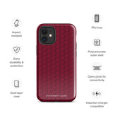 A protective iPhone case with a maroon background and a repeating pattern of small eyeglasses. Designed for the iPhone 15 Pro Max, the camera and buttons of the phone are visible. The bottom of the case features the text "Rockstar Red for iPhone" in white from Statement Cases.