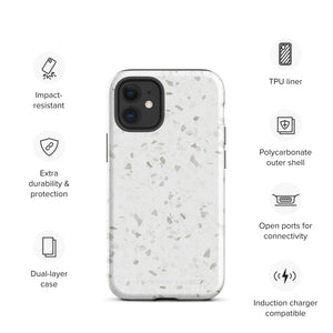 Protective Terrazzo Chic for iPhone by Statement Cases with a white terrazzo-patterned design, featuring grey and beige speckles on its surface. This sleek case covers the back and sides of your iPhone 15 Pro Max.