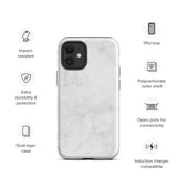 A protective iPhone case with a white marble-patterned design featuring three camera lenses and a flash. The marble pattern on this Marble Dreams for iPhone 15 Pro Max case is subtle, with light gray veining. The brand "Statement Cases" is subtly engraved at the bottom of the case.