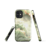 A Sleek Sage for iPhone with a marble-patterned case in shades of green, white, and gold. The protective case is branded with "Statement Cases" written at the bottom. Compatible with the iPhone 15 Pro Max, the phone's camera lens is prominent in the upper left corner.