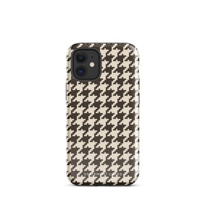 A Timeless Houndstooth for iPhone with a dual-camera system is encased in an impact-resistant polycarbonate, houndstooth-patterned case. The black and beige design features the brand name "Statement Cases" printed at the bottom, ensuring both style and dual-layer protection for your device.