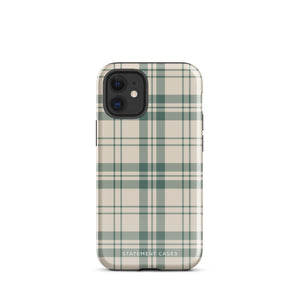 A smartphone with a beige and green plaid-patterned, impact-resistant polycarbonate case is shown. The phone’s rear camera lenses are prominently visible at the top left. The durable phone case features the words “Statement Cases” printed in small text at the bottom center. This is the Elegant Plaid for iPhone.