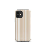 A beige and white striped, impact-resistant phone case for a smartphone. The Estate Stripe for iPhone features vertical stripes and dual-layer protection, designed to fit a phone with multiple camera lenses. The brand name "Statement Cases" is subtly printed at the bottom.