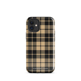 A Rich Espresso Tartan for iPhone with a beige and black plaid-patterned case sits against a white background. The camera lenses are prominent at the top left. The bottom of the durable phone case, made from impact-resistant polycarbonate, has the text "Statement Cases" printed in white.