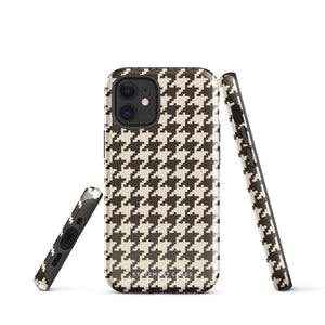 A Timeless Houndstooth for iPhone with a dual-camera system is encased in an impact-resistant polycarbonate, houndstooth-patterned case. The black and beige design features the brand name "Statement Cases" printed at the bottom, ensuring both style and dual-layer protection for your device.