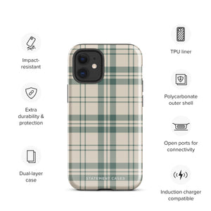 A smartphone with a beige and green plaid-patterned, impact-resistant polycarbonate case is shown. The phone’s rear camera lenses are prominently visible at the top left. The durable phone case features the words “Statement Cases” printed in small text at the bottom center. This is the Elegant Plaid for iPhone.