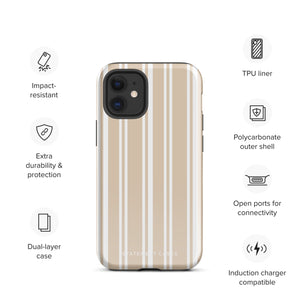 A beige and white striped, impact-resistant phone case for a smartphone. The Estate Stripe for iPhone features vertical stripes and dual-layer protection, designed to fit a phone with multiple camera lenses. The brand name "Statement Cases" is subtly printed at the bottom.