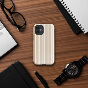 A beige and white striped, impact-resistant phone case for a smartphone. The Estate Stripe for iPhone features vertical stripes and dual-layer protection, designed to fit a phone with multiple camera lenses. The brand name "Statement Cases" is subtly printed at the bottom.