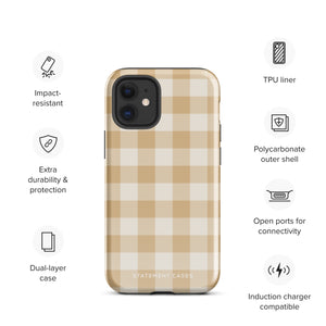 A Gingham Grace for iPhone by Statement Cases is covered with a protective case featuring a beige and white checkered pattern. The case's design includes a matte finish, dual-layer protection with an impact-resistant polycarbonate exterior and TPU lining, and the text "Statement Cases" printed near the bottom. The phone's cameras and buttons are visible.