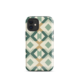 A Smartphone with a durable Old World Mosaic for iPhone case by Statement Cases showcasing a geometric pattern in shades of green, beige, and white. The symmetrical, angular designs create an almost star-like appearance. The impact-resistant polycarbonate construction ensures protection while the camera lenses remain visible at the top left corner.