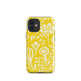 The Sol Dorado for iPhone by Statement Cases is a smartphone with a yellow case featuring a white, abstract floral and plant pattern. The camera lenses are prominent in the top left corner of the device. With dual-layer protection and impact-resistant TPU lining, "Statement Cases" is printed at the bottom of the case.