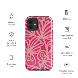 Introducing the Zafiro Rosa for iPhone by Statement Cases: a smartphone case featuring abstract floral and leaf patterns in various shades of pink. This dual-layer protection case combines an impact-resistant polycarbonate exterior with a TPU inner liner to ensure durability. The design showcases the brand name "Statement Cases" at the bottom, with precise cutouts revealing the phone’s camera lenses at the top left corner.