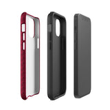 A protective iPhone case with a maroon background and a repeating pattern of small eyeglasses. Designed for the iPhone 15 Pro Max, the camera and buttons of the phone are visible. The bottom of the case features the text "Rockstar Red for iPhone" in white from Statement Cases.