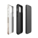 This image shows a protective iPhone case from Statement Cases designed for the iPhone 13 Pro. The case, named Serene Sands for iPhone, features a minimalist design with wavy beige and cream patterns. The camera cutouts are clearly visible, accommodating the phone's lenses.