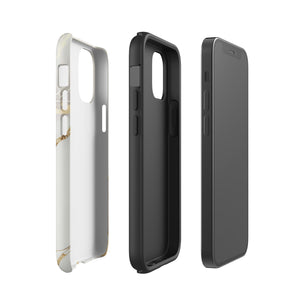 A protective iPhone case designed specifically for the iPhone 15 Pro Max features a white and gold marble pattern. The Golden Elegance for iPhone, branded "Statement Cases," displays a sophisticated mix of swirling white and gold patterns, adding an elegant and luxurious touch to your phone.