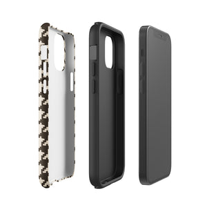 A Timeless Houndstooth for iPhone with a dual-camera system is encased in an impact-resistant polycarbonate, houndstooth-patterned case. The black and beige design features the brand name "Statement Cases" printed at the bottom, ensuring both style and dual-layer protection for your device.