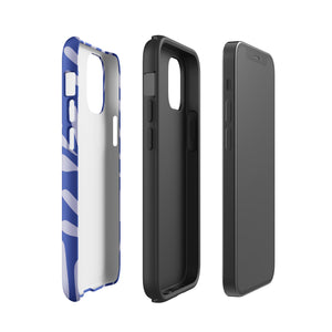 An iPhone encased in the "Mariposa Azul" by Statement Cases, featuring a blue design with an abstract white leaf pattern. The case combines curved and pointed shapes and provides dual-layer protection with TPU lining and impact-resistant polycarbonate. Camera lenses and other top elements remain unobstructed, and "Statement Cases" is inscribed at the bottom.