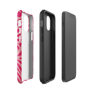 Introducing the Zafiro Rosa for iPhone by Statement Cases: a smartphone case featuring abstract floral and leaf patterns in various shades of pink. This dual-layer protection case combines an impact-resistant polycarbonate exterior with a TPU inner liner to ensure durability. The design showcases the brand name "Statement Cases" at the bottom, with precise cutouts revealing the phone’s camera lenses at the top left corner.