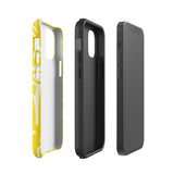 The Sol Dorado for iPhone by Statement Cases is a smartphone with a yellow case featuring a white, abstract floral and plant pattern. The camera lenses are prominent in the top left corner of the device. With dual-layer protection and impact-resistant TPU lining, "Statement Cases" is printed at the bottom of the case.