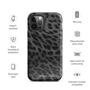 A protective iPhone case with a black and grey leopard print design. The words "Statement Cases" are printed in white near the bottom of the case. The Nocturnal Hunter Fur for iPhone 15 Pro Max is viewed from the back, showcasing its sleek style.