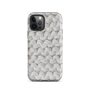 A smartphone featuring a knitted texture design on its case. The pattern resembles closely woven white yarn. The camera lenses are prominent at the top left corner, perfect for the Chunky Comfort for iPhone. The brand name "Statement Cases" is subtly printed at the bottom, ensuring it's both stylish and a protective iPhone case.