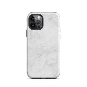 A protective iPhone case with a white marble-patterned design featuring three camera lenses and a flash. The marble pattern on this Marble Dreams for iPhone 15 Pro Max case is subtle, with light gray veining. The brand "Statement Cases" is subtly engraved at the bottom of the case.