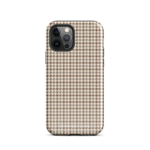 A smartphone with a brown and beige houndstooth-patterned case is shown from the back. The impact-resistant, dual-layered Classic Houndstooth for iPhone by Statement Cases protects the phone's body and leaves openings for the camera lenses and flash. The hues give the case a stylish and sophisticated appearance.