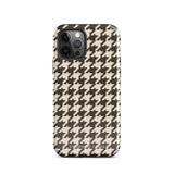 A Timeless Houndstooth for iPhone with a dual-camera system is encased in an impact-resistant polycarbonate, houndstooth-patterned case. The black and beige design features the brand name "Statement Cases" printed at the bottom, ensuring both style and dual-layer protection for your device.