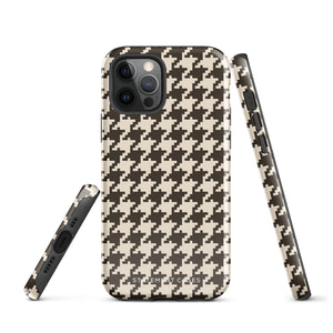 A Timeless Houndstooth for iPhone with a dual-camera system is encased in an impact-resistant polycarbonate, houndstooth-patterned case. The black and beige design features the brand name "Statement Cases" printed at the bottom, ensuring both style and dual-layer protection for your device.