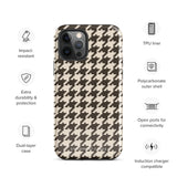 A Timeless Houndstooth for iPhone with a dual-camera system is encased in an impact-resistant polycarbonate, houndstooth-patterned case. The black and beige design features the brand name "Statement Cases" printed at the bottom, ensuring both style and dual-layer protection for your device.