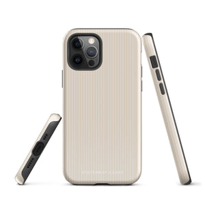 A beige smartphone case with a subtle vertical stripe pattern is shown. Crafted from impact-resistant polycarbonate, it fits a phone with a triple camera setup and flash. The durable dual-layer case includes a TPU inner liner for extra protection. "Statement Cases" is printed on the lower back of the *Noble Pinstripe for iPhone*.