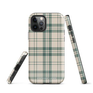 A smartphone with a beige and green plaid-patterned, impact-resistant polycarbonate case is shown. The phone’s rear camera lenses are prominently visible at the top left. The durable phone case features the words “Statement Cases” printed in small text at the bottom center. This is the Elegant Plaid for iPhone.