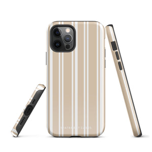 A beige and white striped, impact-resistant phone case for a smartphone. The Estate Stripe for iPhone features vertical stripes and dual-layer protection, designed to fit a phone with multiple camera lenses. The brand name "Statement Cases" is subtly printed at the bottom.