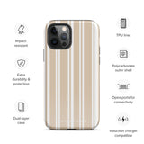 A beige and white striped, impact-resistant phone case for a smartphone. The Estate Stripe for iPhone features vertical stripes and dual-layer protection, designed to fit a phone with multiple camera lenses. The brand name "Statement Cases" is subtly printed at the bottom.