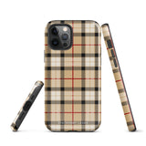 A Neutral Heritage Tartan for iPhone by Statement Cases with a plaid-patterned, impact-resistant polycarbonate case featuring beige, black, white, and red stripes. The durable phone case has the text "STATEMENT CASES" written at the bottom. The phone boasts a triple camera setup with an additional sensor and flash.