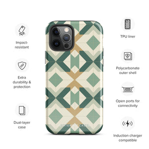 A Smartphone with a durable Old World Mosaic for iPhone case by Statement Cases showcasing a geometric pattern in shades of green, beige, and white. The symmetrical, angular designs create an almost star-like appearance. The impact-resistant polycarbonate construction ensures protection while the camera lenses remain visible at the top left corner.