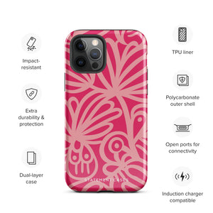 Introducing the Zafiro Rosa for iPhone by Statement Cases: a smartphone case featuring abstract floral and leaf patterns in various shades of pink. This dual-layer protection case combines an impact-resistant polycarbonate exterior with a TPU inner liner to ensure durability. The design showcases the brand name "Statement Cases" at the bottom, with precise cutouts revealing the phone’s camera lenses at the top left corner.