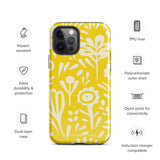 The Sol Dorado for iPhone by Statement Cases is a smartphone with a yellow case featuring a white, abstract floral and plant pattern. The camera lenses are prominent in the top left corner of the device. With dual-layer protection and impact-resistant TPU lining, "Statement Cases" is printed at the bottom of the case.