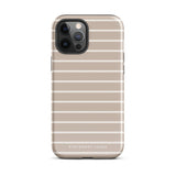 A durable dual-layered case in beige with horizontal white stripes is placed upright, showcasing the back of the phone with its camera lenses and flash. The brand name "Statement Cases" is printed at the bottom of the Au Naturale for iPhone case.